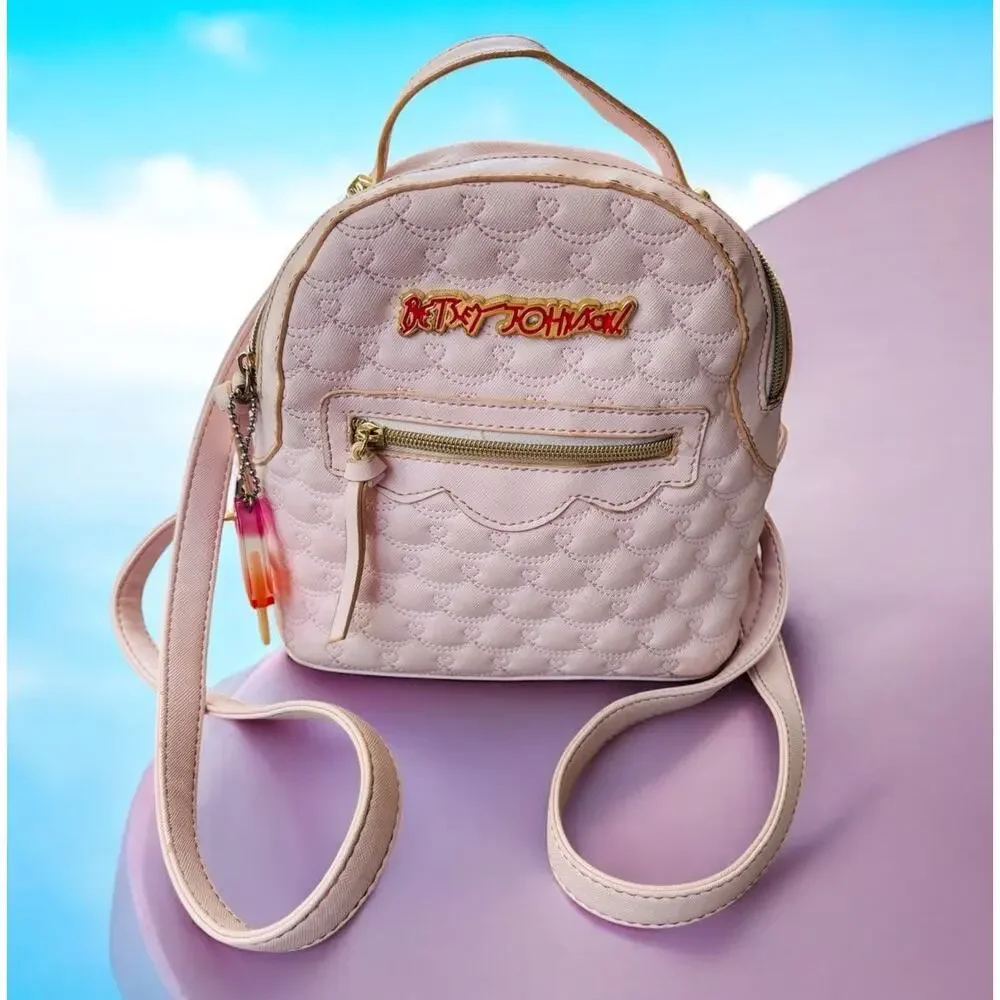 Betsey Johnson Womens Pink Blush Quilted Backpack Zipper Pockets Logo Lined